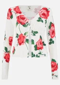 Knitwear>Yumi White Rose Print Cardigan With Tie Front