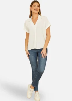 Tops>Yumi White Stretch Relaxed Top With Collar