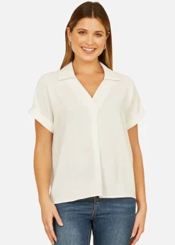 Tops>Yumi White Stretch Relaxed Top With Collar