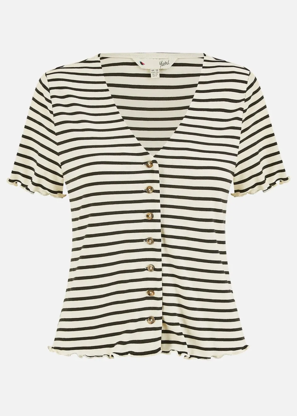 T-Shirts>Yumi White Striped Cotton Jersey Lettuce Trim T-Shirt