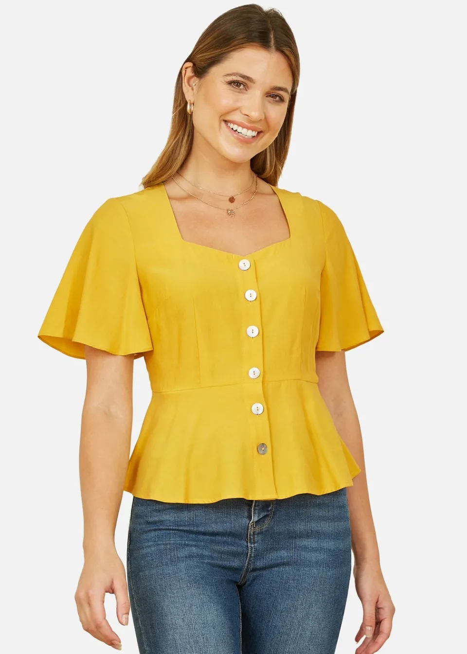 Tops>Yumi Yellow Button Up Top