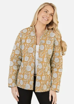 Coats & Jackets>Yumi Yellow Floral Print Reversible Cotton Quilted Jacket