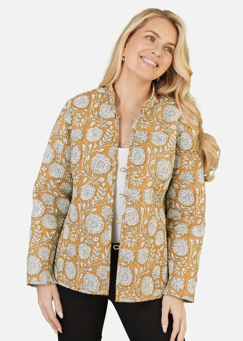 Coats & Jackets>Yumi Yellow Floral Print Reversible Cotton Quilted Jacket